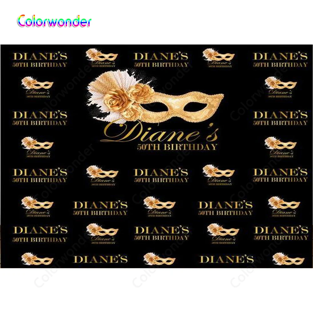 

Photography Background Golden Mask with Flowers 7x5ft Black Birthday Custom Backdrops for 50th Birthday Party Decor Photo Booth