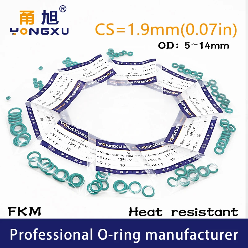 15PCS/lot Green FKM Fluorine Rubber O-rings Seals CS1.9mm OD5/6/7/8/9/10/11/12/13/14*1.9mm ORings Seal Gasket Rings Fuel Washer