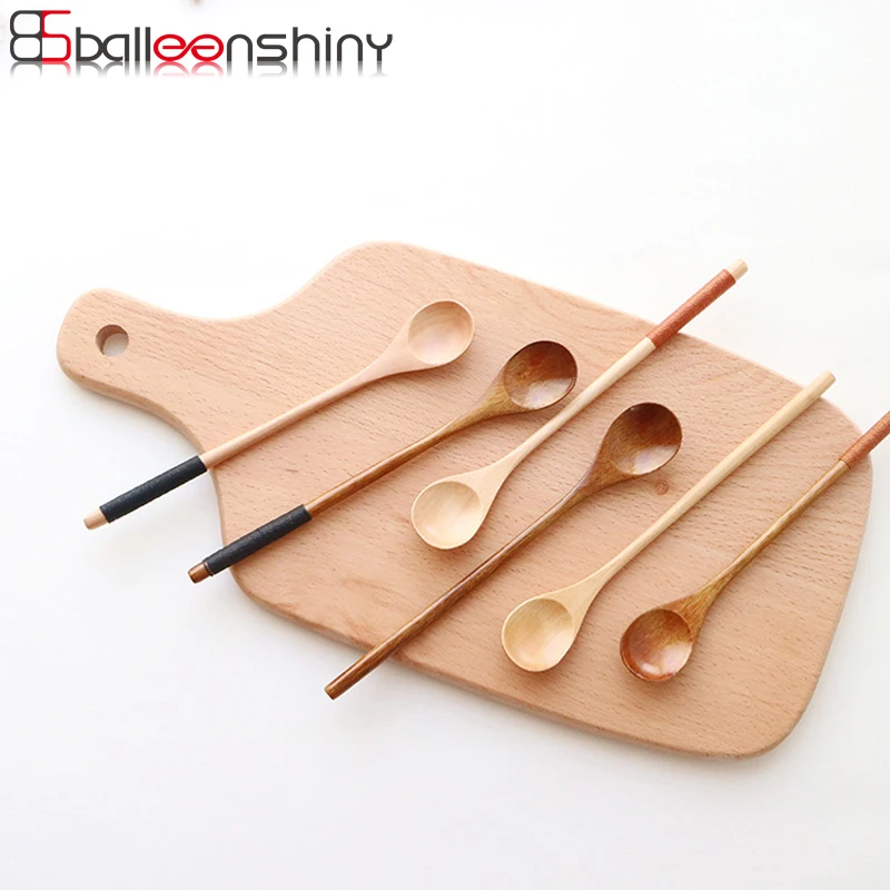 

BalleenShiny 1PC Wooden Spoon Wrapped Wire Ellipse Mouth Long Handle Lovely Eco-friendly Tableware Coffee Honey Soup Scoop