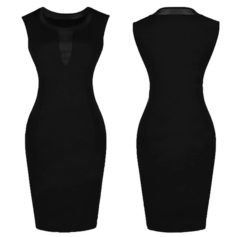 Женское платье без рукавов на тонких бретельках с высоким вырезом облегающее