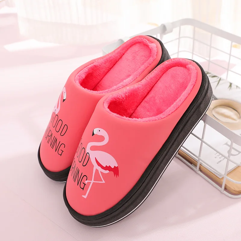 Women Winter Home Slippers Cartoon Flamingo Non-slip Warm Indoors Bedroom Floor Shoes Plush Slippers Women Faux Fur Slides TUX51