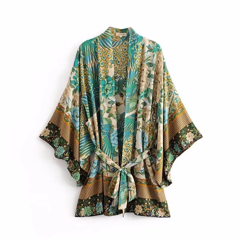 Boho Винтаж Павлин Цветочный принт кимоно пояс для Новинки женщин Мода V шеи