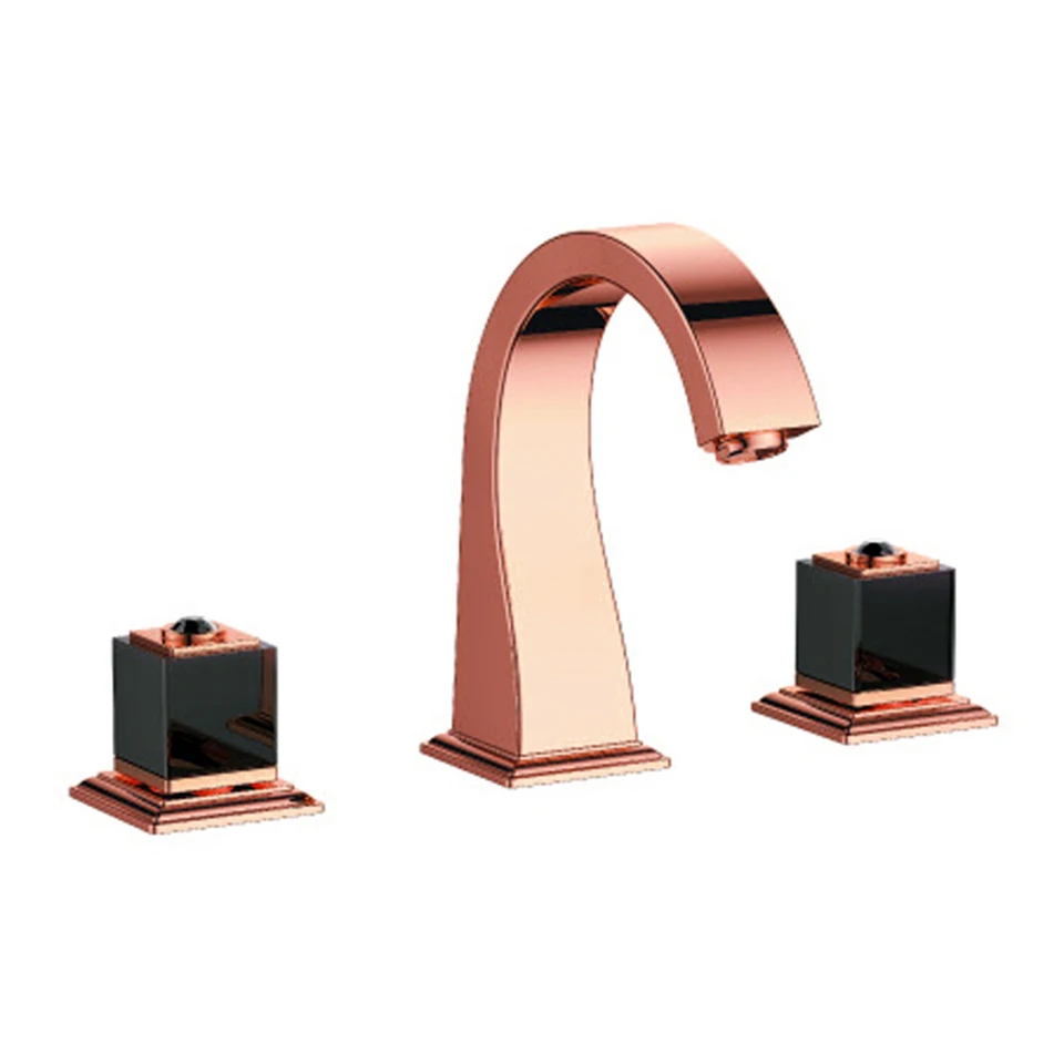 Rose Gold Смесители для раковины, кран для раковины, латунь, Золотая краска, 3 отверстия, двойная ручка, роскошный кран для ванны, краны для ванны, смеситель для горячей и холодной воды - Цвет: Rose Gold