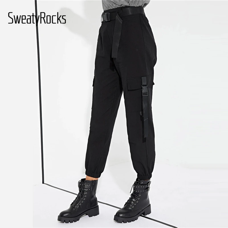 SweatyRocks, однотонные брюки-карго с карманами, уличная одежда, женские черные брюки в стиле рок, весна, женские повседневные брюки с поясом