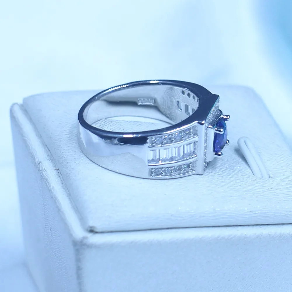Настоящее Soild 925 пробы серебряные обручальные кольца для мужчин 1ct синий AAAAA