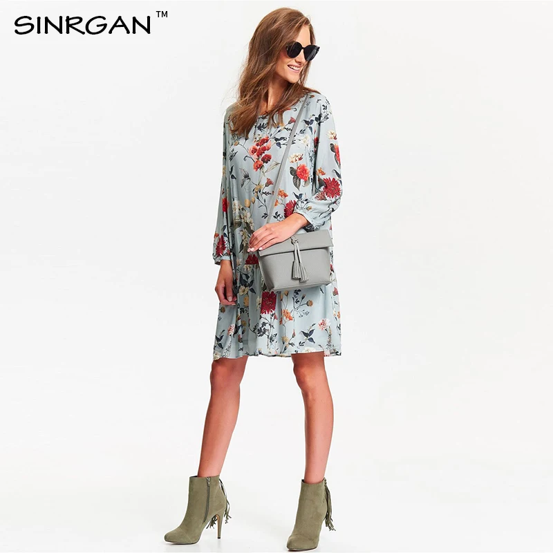 SINRGAN Woman Print Dress Summer Vintage Loose A Line Short Long Sleeve Sexy Mini Ruffle Beach Dresses Vestidos Mujer | Женская одежда