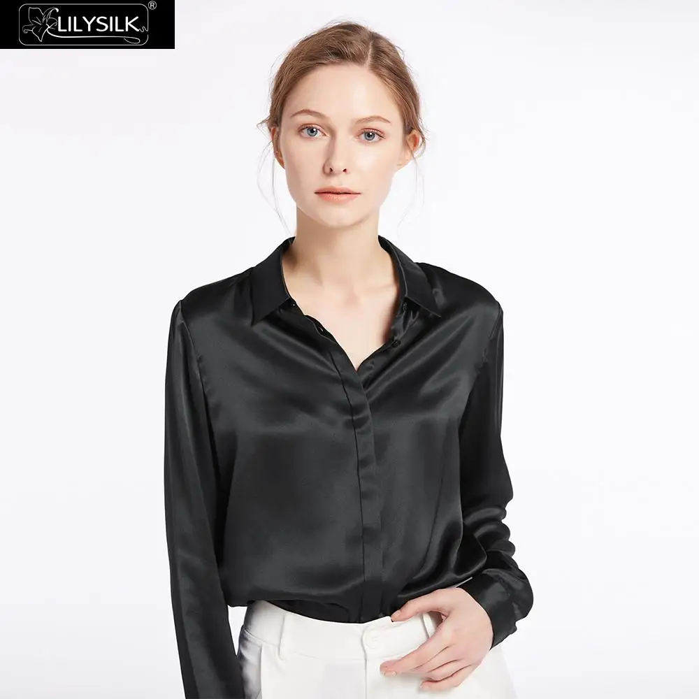 Black LilySilk Рубашки Блузка Топ Футболка 22мм Женская шелк Новинки - Цвет: Black