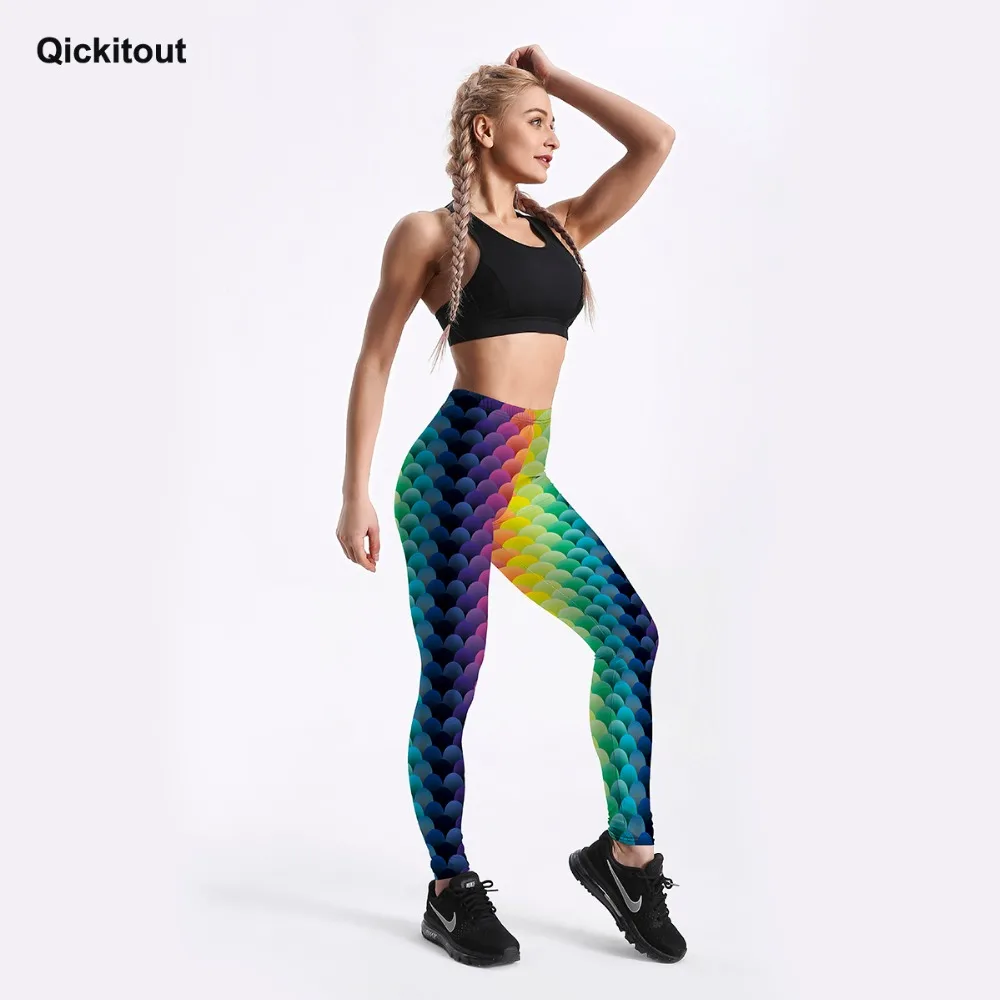 Qickitout, сексуальные модные женские леггинсы, рыбья чешуя, Радужный цвет, градиентный рисунок, леггинсы для тренировок, фитнеса, штаны, осенний стиль