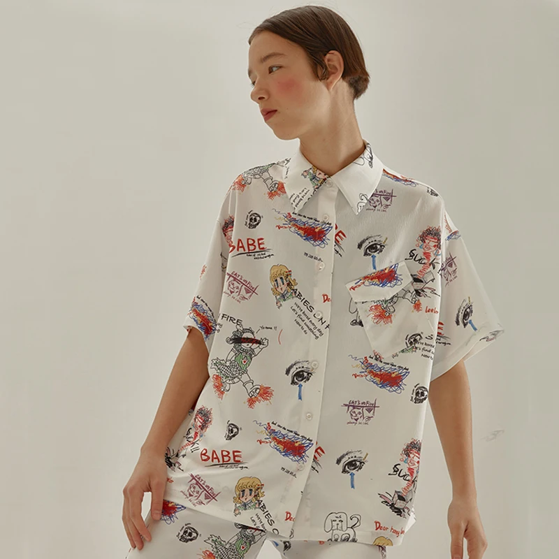 2018 Summer New Women Chiffon Blouse Short Sleeve Babe Printed Original Design White Shirts Tops Preppy Style Oversized |