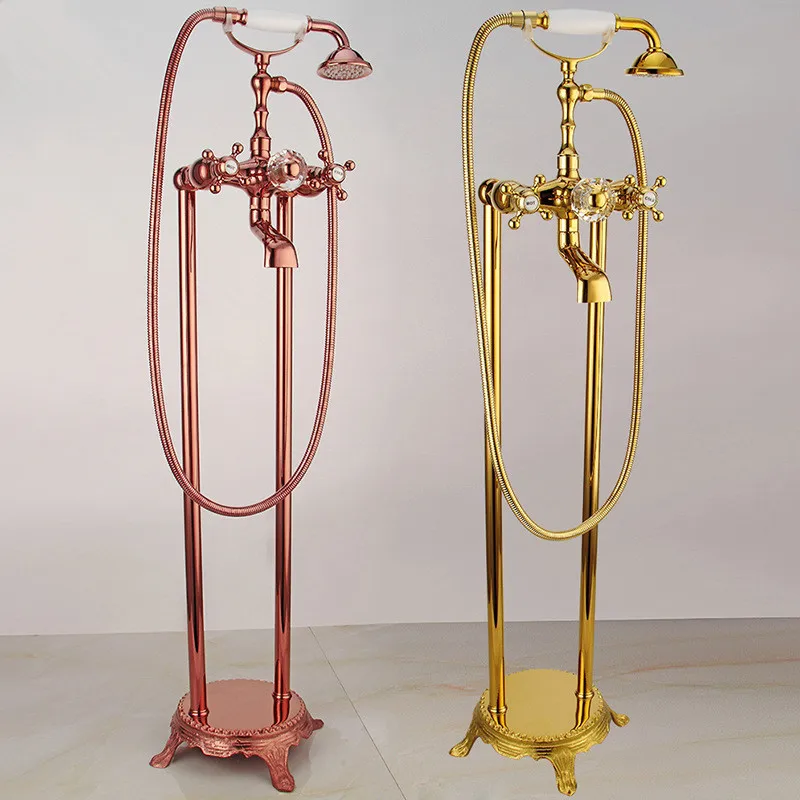 Bathtub Faucet Brass Mixer Tap With Hand Shower Floor Standing Style Dual Handle Golden Bathroom Bath Set | Обустройство дома