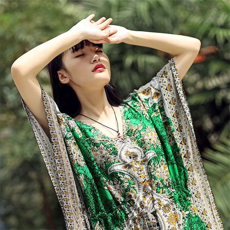 2021 в богемном стиле с цветочным принтом Хлопковая Туника пляжное платье для