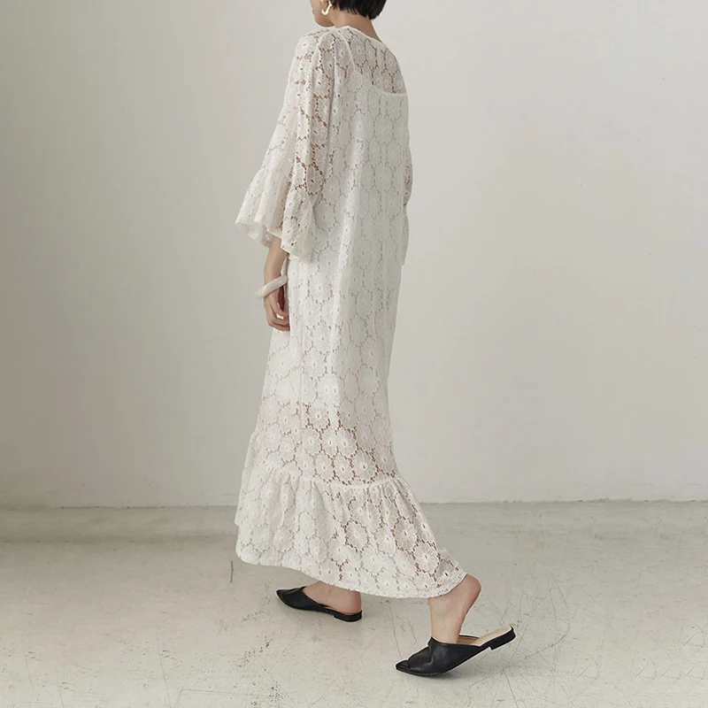 CHICEVER летнее элегантное платье с v-образным вырезом и рукавами-лепестками, кружевное длинное асимметричное платье с оборками для женщин, свободные платья до середины икры, новинка