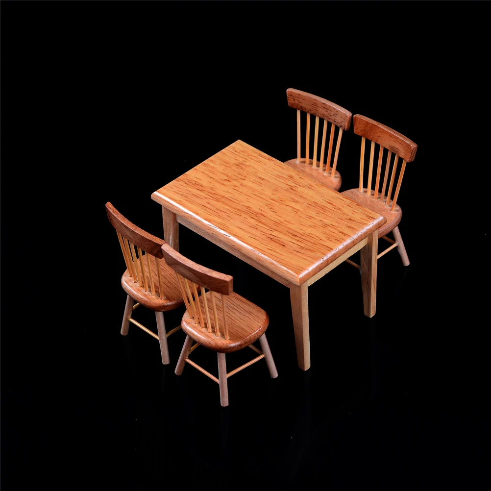 5Pcs/set 1/12 Scale Miniature Wooden Dining Chair Table Furniture Set For Doll house Kitchen Food Toys | Игрушки и хобби