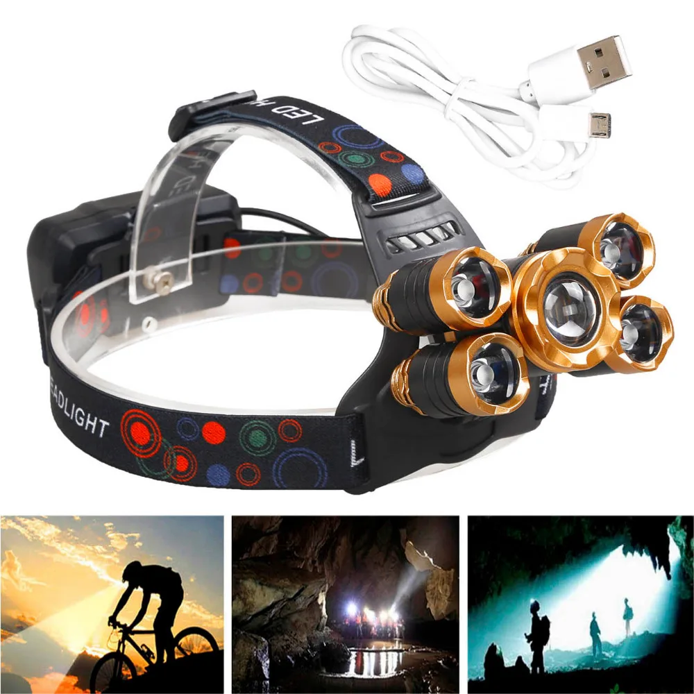 Outdoor Waterproof 15000LM 5-LED T6 USB LED Headlamp Rechargeable Zoom HeadLight 5 Modes Torch + 18650 Battery Cable | Освещение