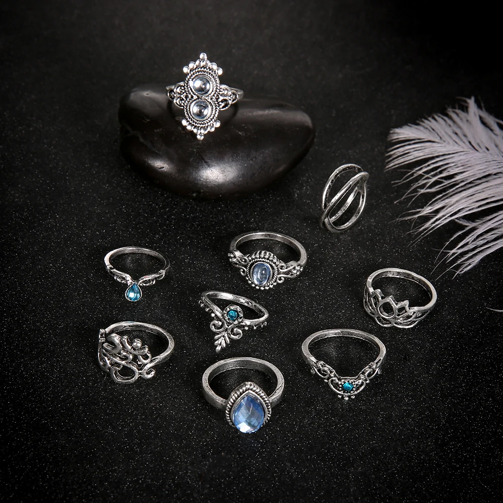 

Jewdy 9 Pcs/ Set Fashion Women Hollow Lotus Water Drop Om Crown Gem Crystal Geometry Joint Ring Charm Ring Set