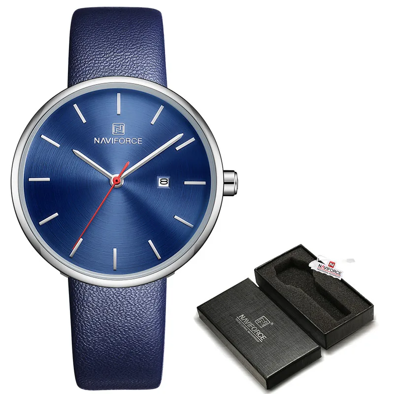 Silver Blue with Box Бренд класса люкс Naviforce новые женские часы с кожаным ремешком модные кварцевые часы для женщин женские водонепроницаемые наручные часы Reloj Mujer - Цвет: Silver Blue with Box