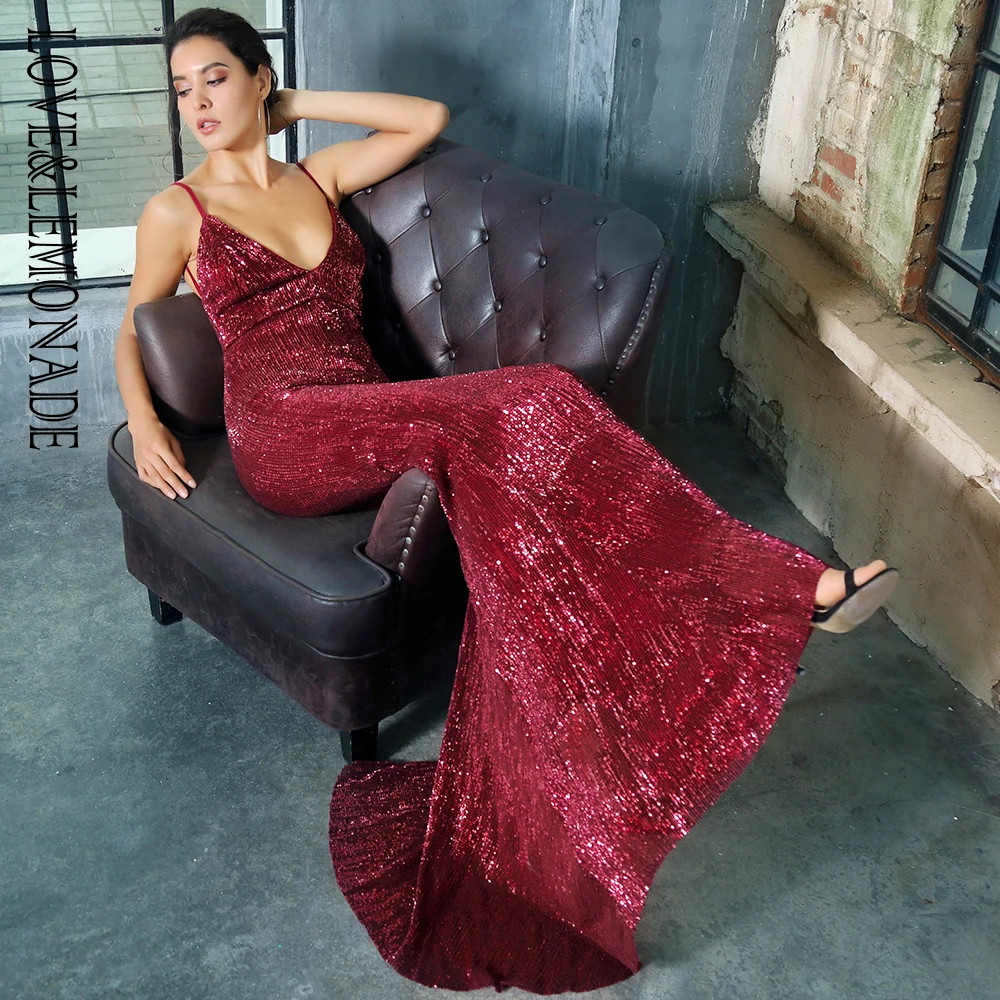 Женское платье с блестками LOVE & LEMONADE длинное облегающее глубоким V образным