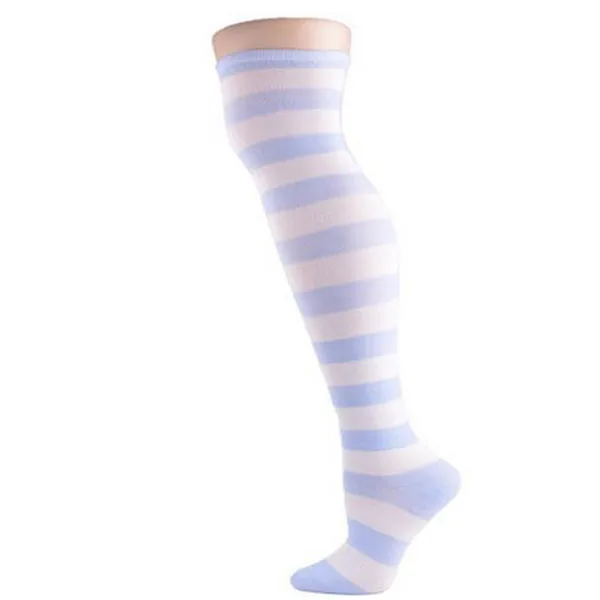 W060 Light blue CUHAKCI/Полосатые носки с принтом; женские гольфы выше колена для девочек; высокие полосатые хлопковые носки; милые чулки; большие размеры; Рождество - Цвет: W060 Light blue