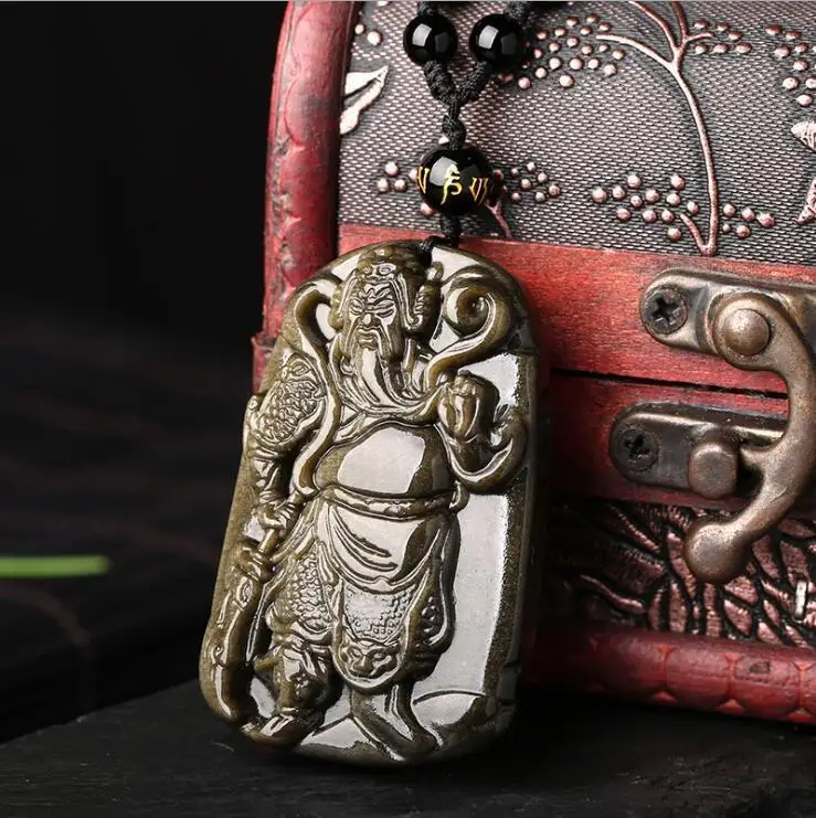 Китайский 100% натуральный Золотой обсидиан камень Гуан Гонг Ю амулет