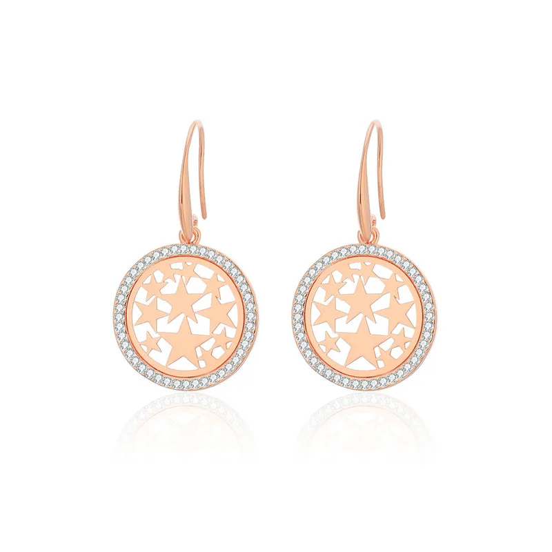 Rose Gold Color Золотые круглые полые звезды висячие серьги для женщин прозрачная кристаллическая серьга новые модные ювелирные изделия вечерние pendientes mujer подарки оптом - Окраска металла: Rose Gold Color