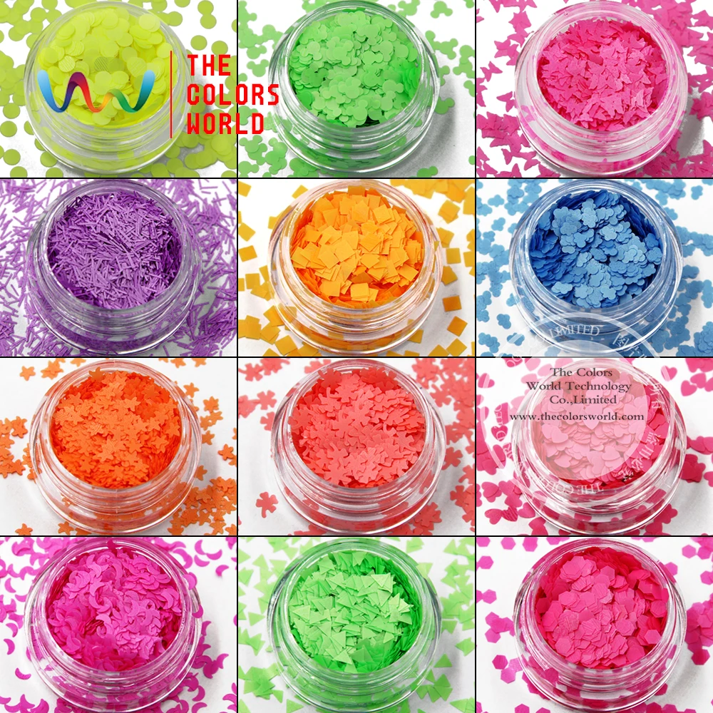 TCT-021  Neon solvent resistant 12 kinds colors and 12 kinds shapes  Glitter for nail art ,nail gel,makeup and DIY decoration