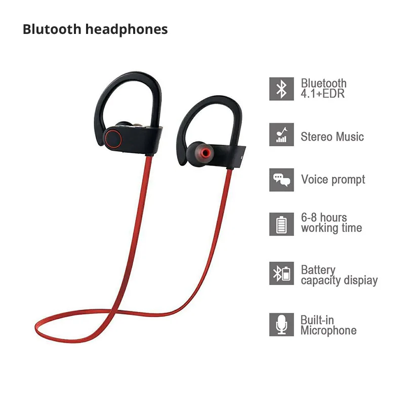 U8 Bluetooth наушники спортивные беспроводные HiFi бас гарнитура mi стерео IPX4