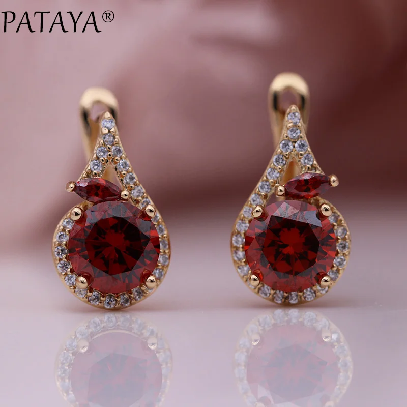 Pomegranate Red PATAYA новые женские изящные благородные висячие серьги в виде лошадиного глаза 585 розовое золото круглый синий натуральный циркон Свадебные вечерние милые модные ювелирные изделия - Окраска металла: Pomegranate Red