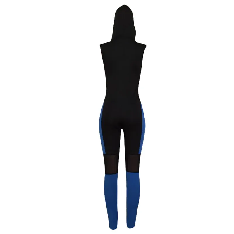 

Women Zipper Front Casual Jumpsuit Fashion Patchwork Hooded Sleeveless Skinny Fitness Jumpsuits Overalls Mesh Sheer Workout Suit