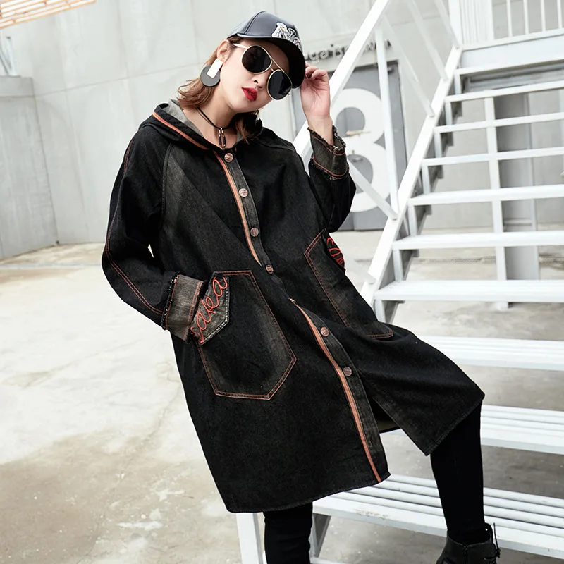Тренчкот женский джинсовый с капюшоном и вышивкой на весну|long windbreaker|hooded trench