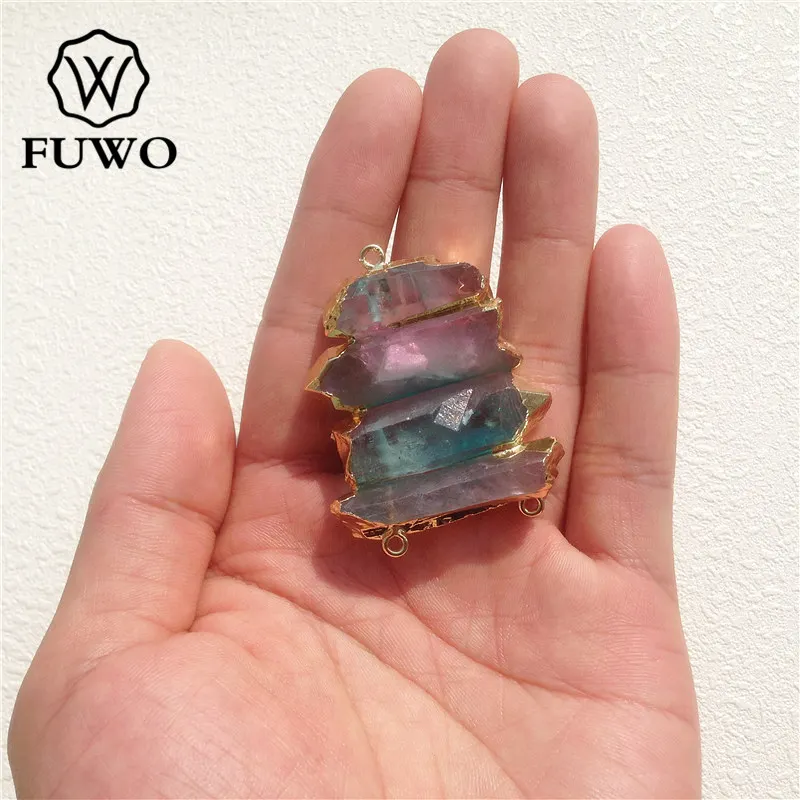 FUWO Aura Crystal Quartz Connector Pendant With Three Loops 24K Gold Electroplated Multicolour Crystal Bar Jewelry Design PD089