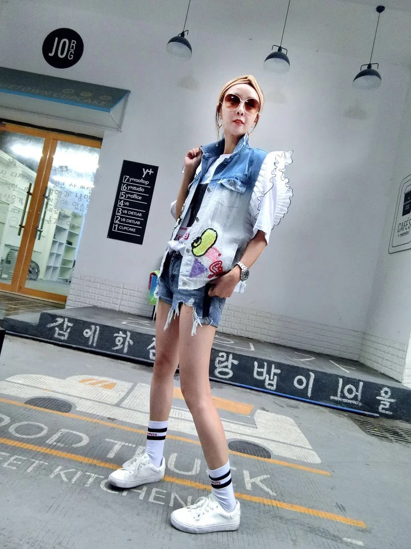 Опрятный стиль милые девушки градиент цвета промывали джинсовой жилет блестками