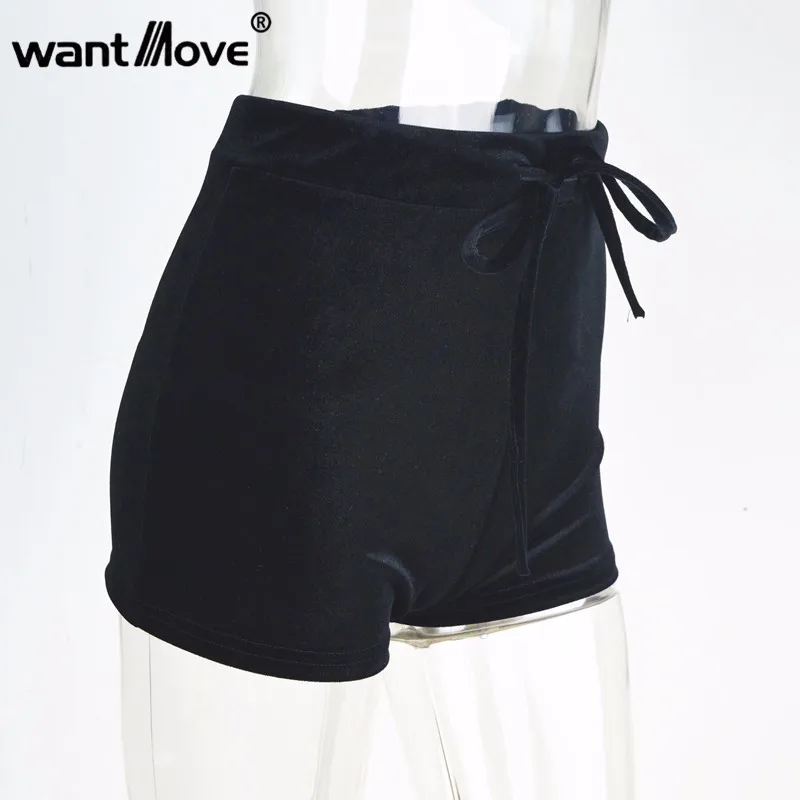Wantmove, новинка, 5 цветов, S-XL, женские бархатные шорты с завязками, повседневные, высокая талия,, Осень-зима, сексуальные, элегантные, обтягивающие шорты, XD742