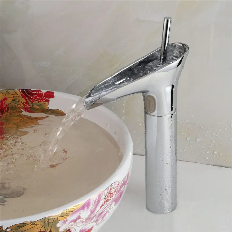 

Хромированный латунный Смеситель для ванной комнаты, кран «Водопад» для раковины, с креплением на раковину, с одной ручкой, для бокала вина
