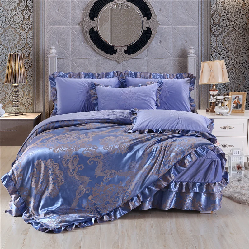 

4Pcs Satin Jacquard Double lace Princess style luxury bedding sets queen king size duvet cover set bed skirt set pillowcase