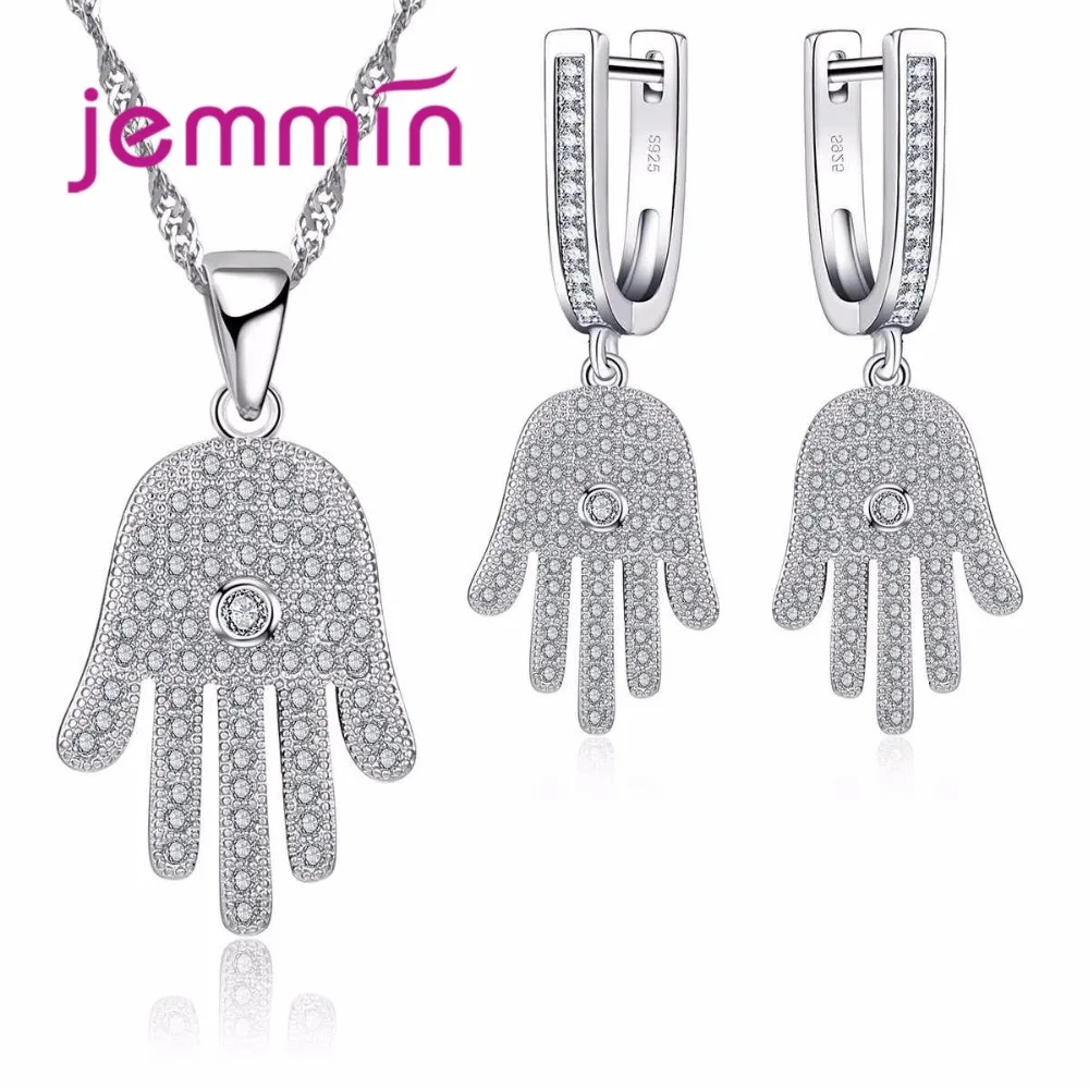 

Exquistie Fine 925 Sterling Silver Palm Hamsa Rhinestone Necklace And Earrings Jewelry Set For Women Gift Party Bijoux