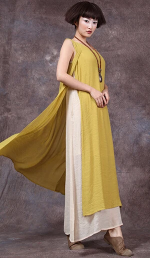 yellow NINI WONDERLAND Весна Лето Женское двойное хлопковое льняное длинное лоскутное платье без рукавов Свободные повседневные платья с шарфом - Цвет: yellow