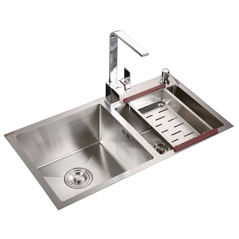 

304 stainless steel thickened manual sink double slot set kitchen washing bowl platform kitchen sink double bowl with faucet
