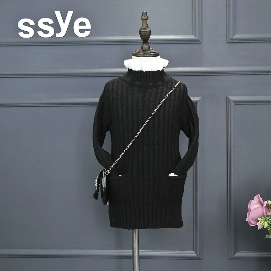 3 Color Baby Girl Ruffle Sleeve Turtleneck Long Style Knitting Sweater With Pocket Kids 2016 New Autumn Winter Thick Clothes 2-7 | Детская