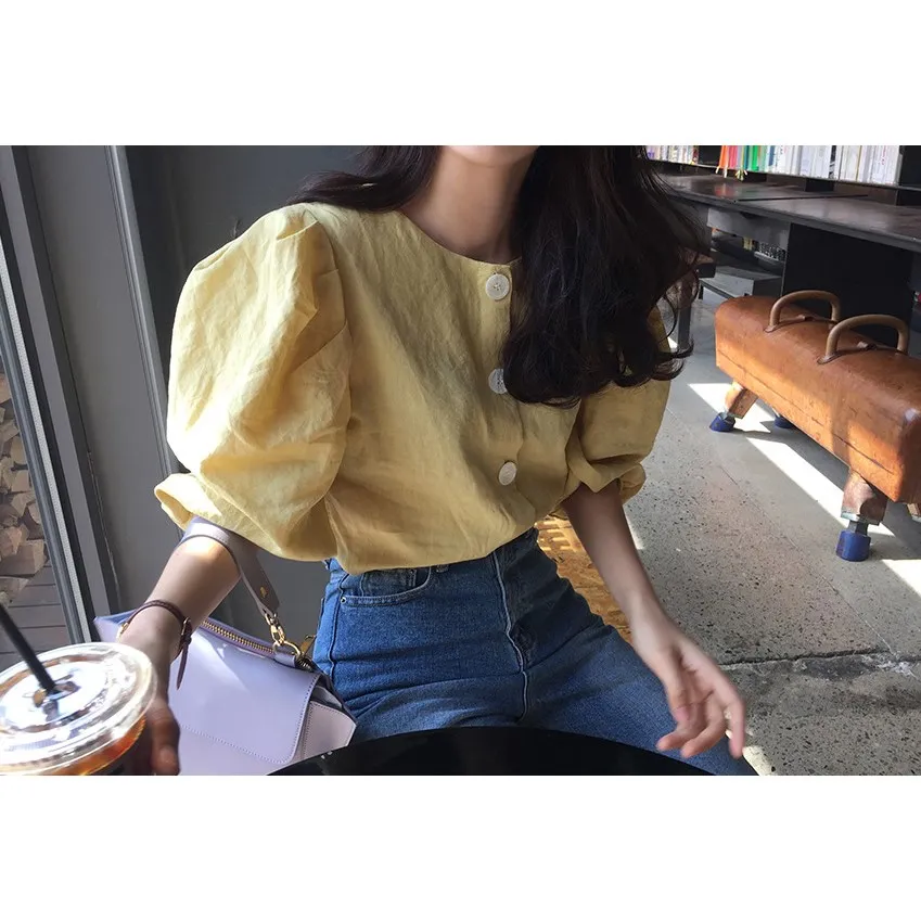 Summer 2019 New Vintage Puff Sleeve Casual Top Yellow O Neck Office Blouse Single Breasted Elegant Shirts |