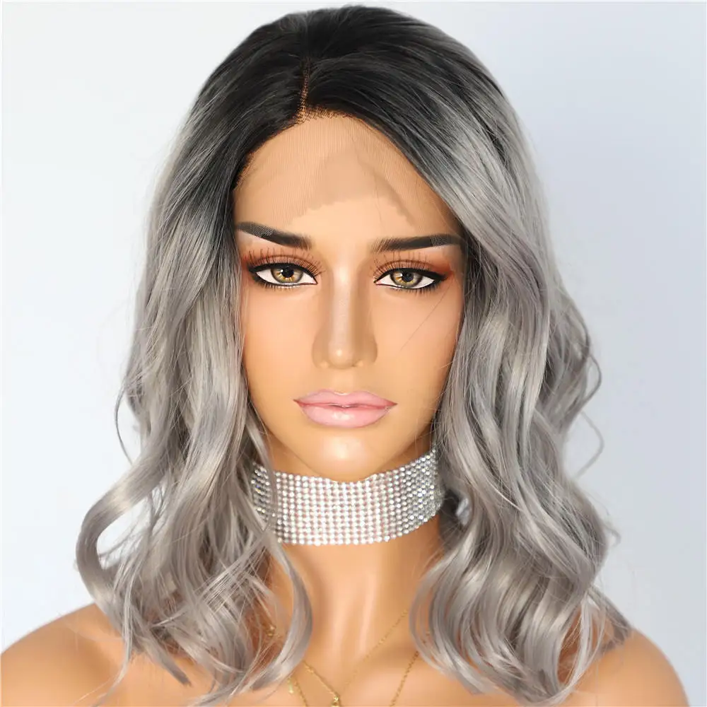 Grey BeautyTown темный корень Омбре фиолетовый красочные короткие волосы блоггер ежедневный макияж Glueless синтетические кружева перед Свадебная вечеринка парики - Цвет: Grey