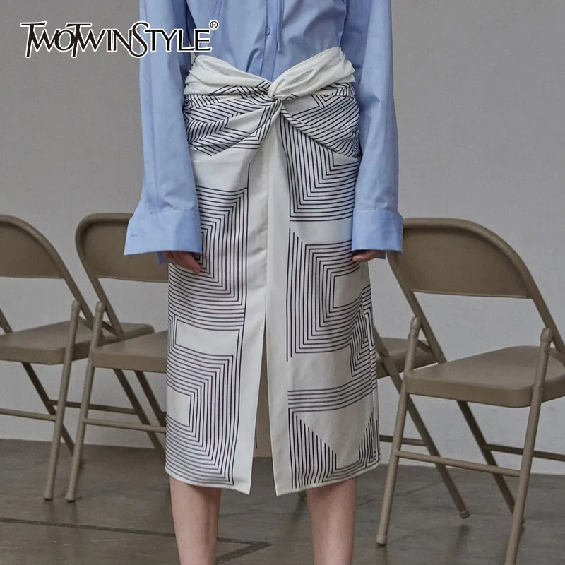 TWOTWINSTYLE Korean Geometric Print Skirt For Women High Waist Cross Split Slim Midi Skirts Female Fashion Clothes 2020 Summer | Женская