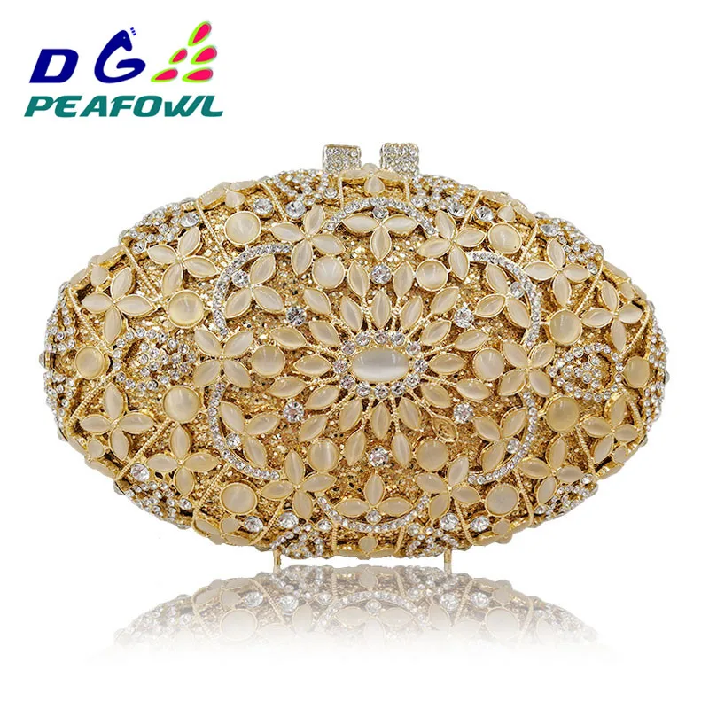 Custommade Diamond Opal Flower Shape Women Gold Crystal Clutch Hard Metal Bridal Clutches Handbag Wedding Purse Evening Bags