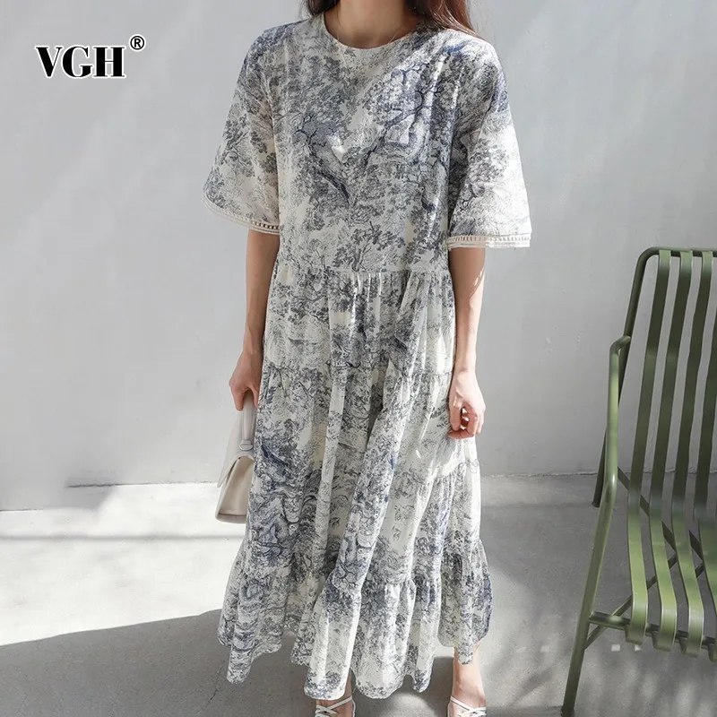 Женское винтажное платье с круглым вырезом VGH свободное до щиколотки короткими