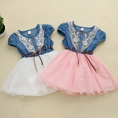 2015 Princess Girls Baby Kids Party Lace Dress With Leather Belt Denim Tops Tulle Gown Dresses 1-6Y |