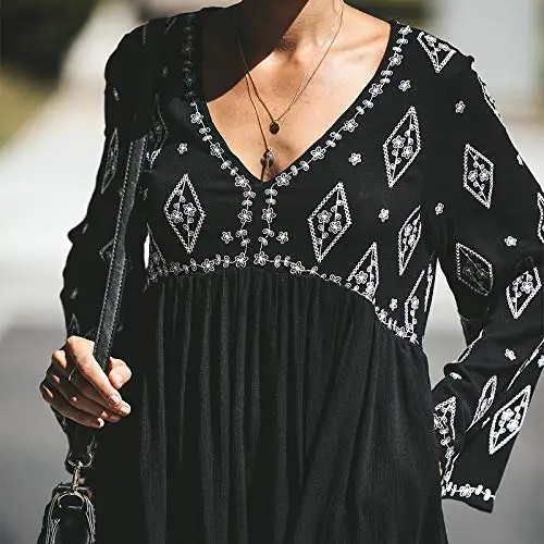 Women V-Neck Loose Long Sleeve Printed Short Dress Backless Button Pocket Pure Color Pleated Mini Black | Женская одежда