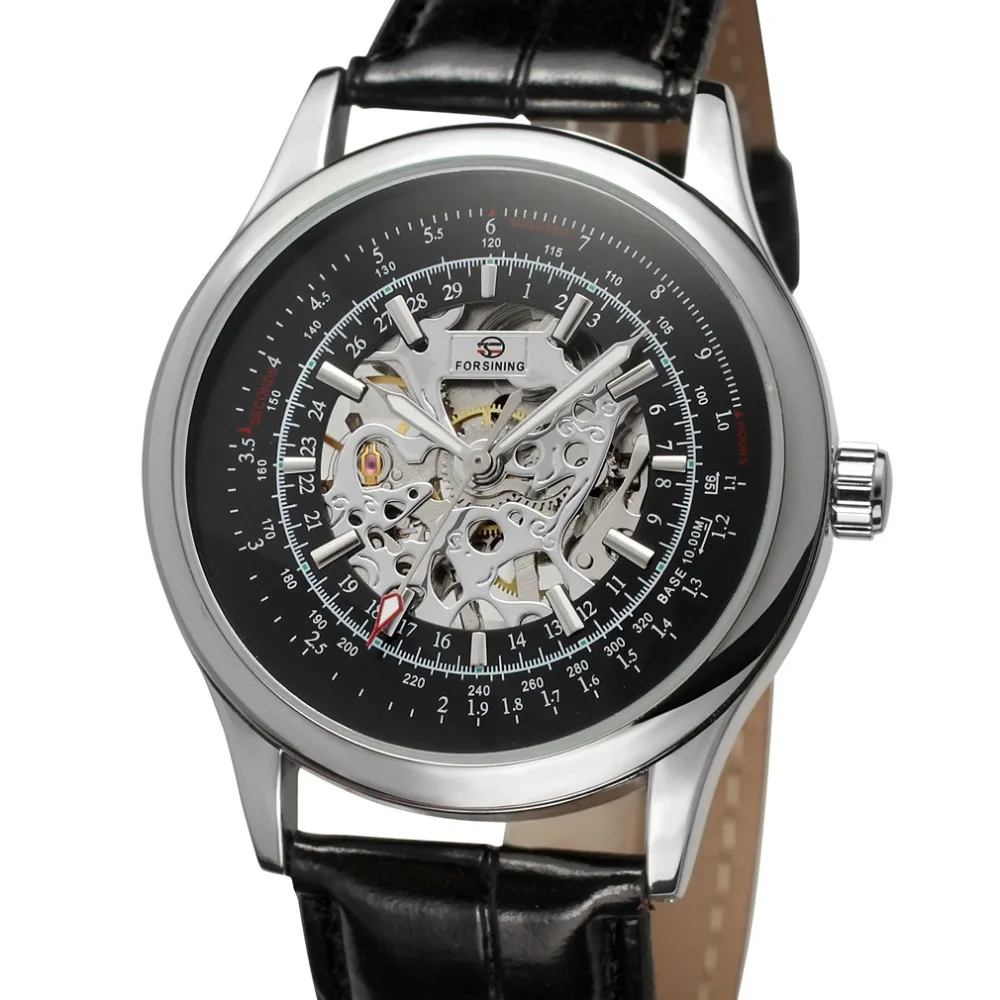 Корпус из сплава серебра Цвет черным циферблатом скелет ремешок натуральной