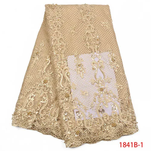Золотой тюль кружевной ткани, Aso Ebi тюль кружева, африканские вечерние ткани кружева с бисером MR1841B - Цвет: as picture-1