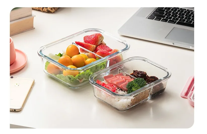 Microwavable стеклянный Ланч-бокс с разделителем, крышкой, сумкой; приготовление еды стеклянные контейнеры для хранения продуктов с 2 отсеками; ланч-контейнер