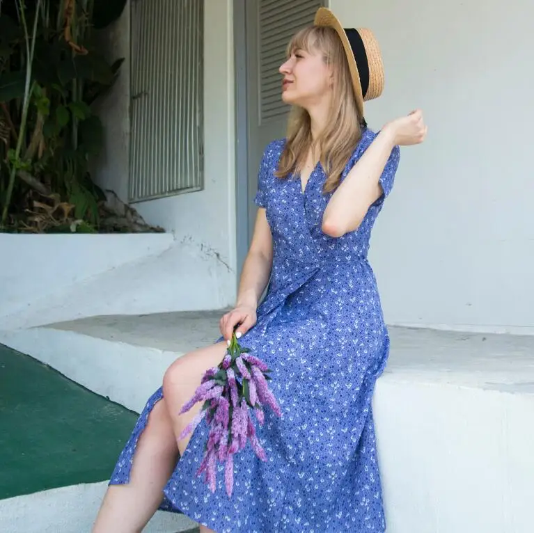 2019 Spring Summer Women Purple Floral Dress V-neck Short Sleeves Vintage Split Long robe femme | Женская одежда