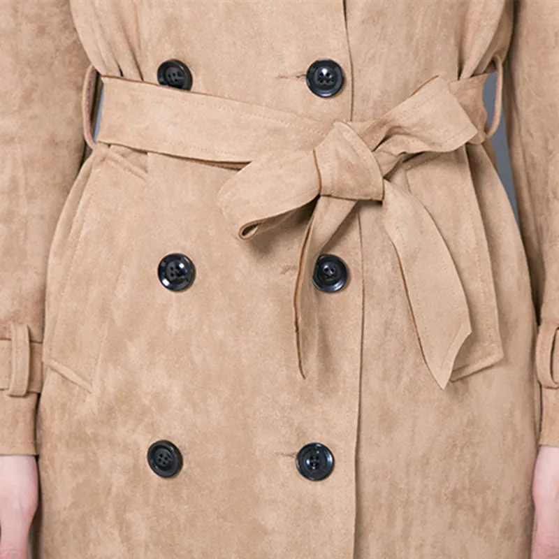 Large Size 5XL 6XL Autumn Women's Trench Coat Suede Long Double-breasted Belt Windbreaker Lady Elegant Business Outerwear M130 | Женская